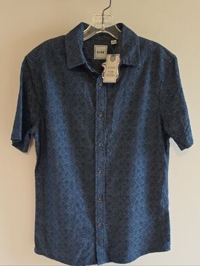 Rowm Mens Short-Sleeve Button-Down Shirt in Navy Diamond Print Size Small